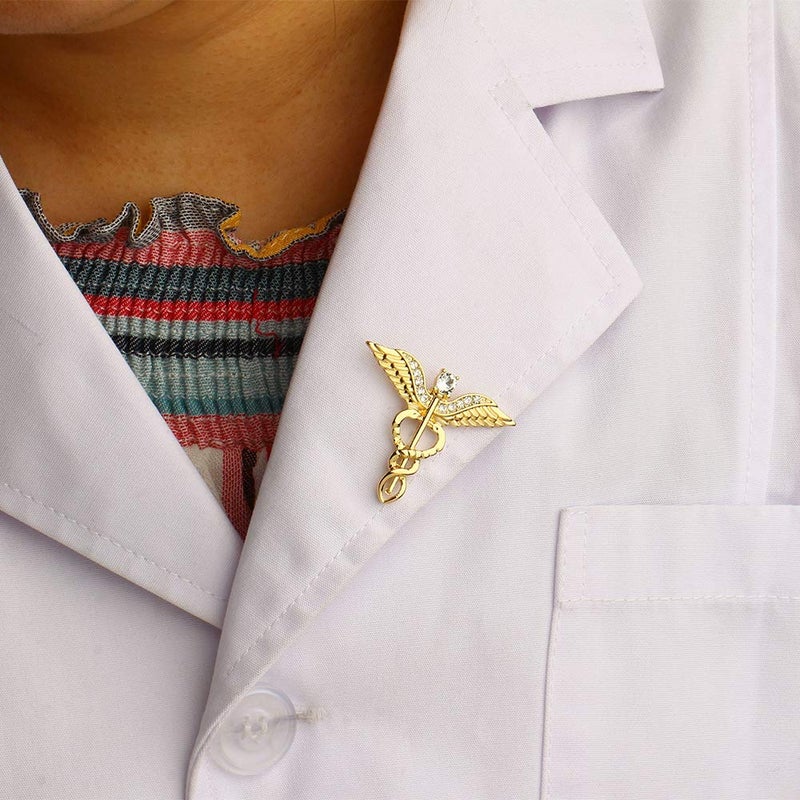 QIAN0813 Medical Symbol Caduceus Stethoscope RN Nursing Badge Brooches Lapel Pin for Registered Nurse Doctor Rod Of Asclepius Emergency Brooch Jewelry (Angel Wing-Gold) - Image 4